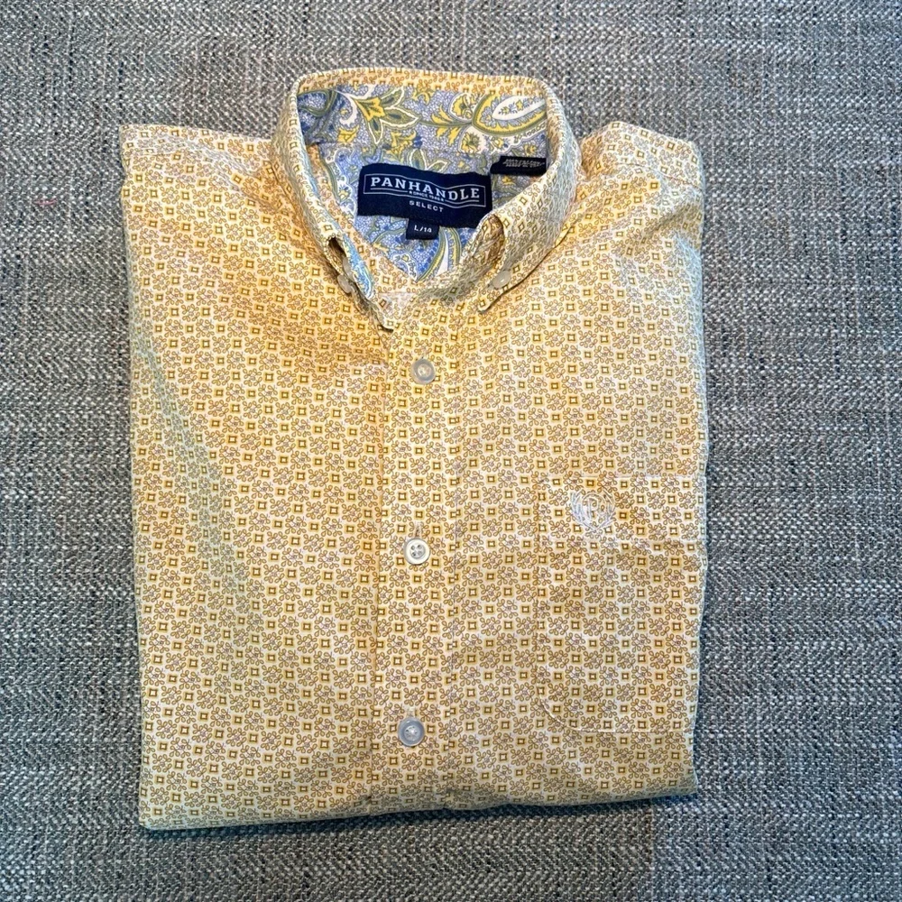 Panhandle Boys Size 14 Western Button Down Shirt Yellow Geometric Print Ranch